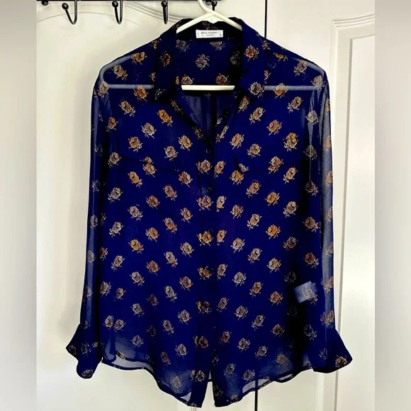 Equipment silk sheer Blouse Size M with Gold Leaf print - Picture 1 of 3